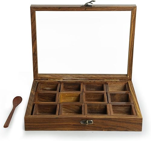 Miniatura 5 de ExclusiveLane Caja de especias de madera 'Doce mezclas' con 12 recipientes y cuchara en madera de Sheesham | Cajas de especias indias para cocina,