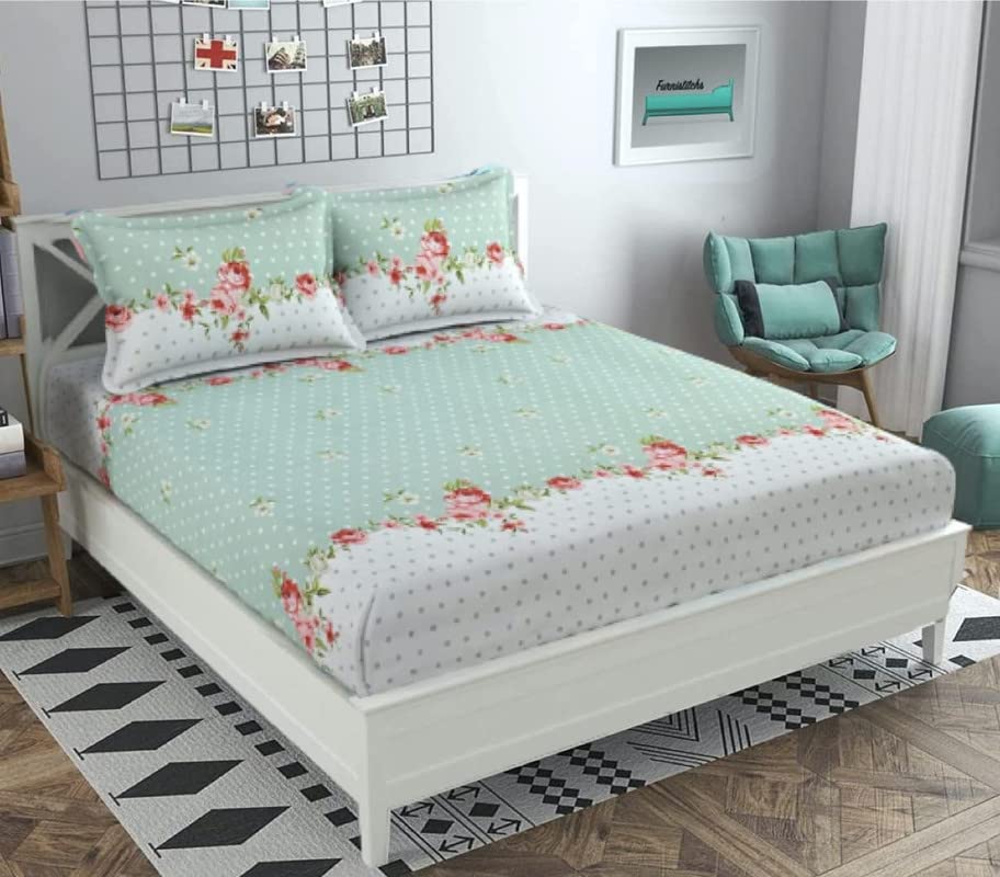 Image of NHD HOME Premium Cotton Feel Polycotton Elastic Fitted King Size Double Bedsheets with 2 Pillow Covers | All Around Elastic 210 TC Super Soft | Size - 72 King Size x 78+10 inches | Pink & Green