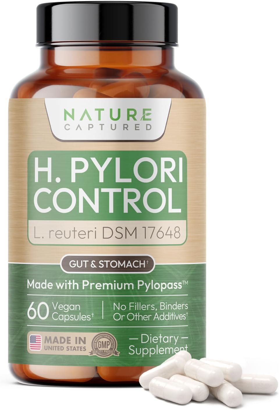 H Pylori Control - with Pylopass™ - Lactobacillus Reuteri DSM 17648-60 Capsules - 200 Billion CFU/g - Supports Elimination of Bad Bacteria in Stomach & Gut - GMP - Additive Free