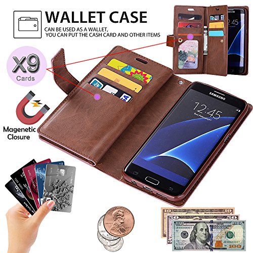 Galaxy S7 Wallet Case For Women/Men,Auker Trifold 9 Card Holder Premium Folio Flip Leather Magnetic Wallet Case With Strap Full Body Protective Zipper Pocket Purse Case For Samsung Galaxy S7 Brown #TOP2