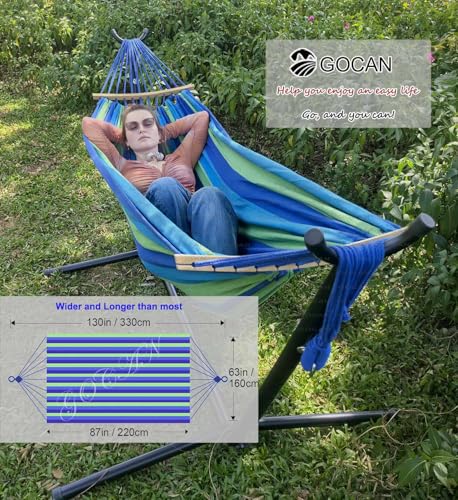 Image of GOCAN Double Hammock 2 Person Large 220x160cm with Steel Stand and Removable Spreader bar Load 500lb, Canvas Cotton Hammocks for Patio Porch Garden Backyard Outdoor and Indoor, Blue