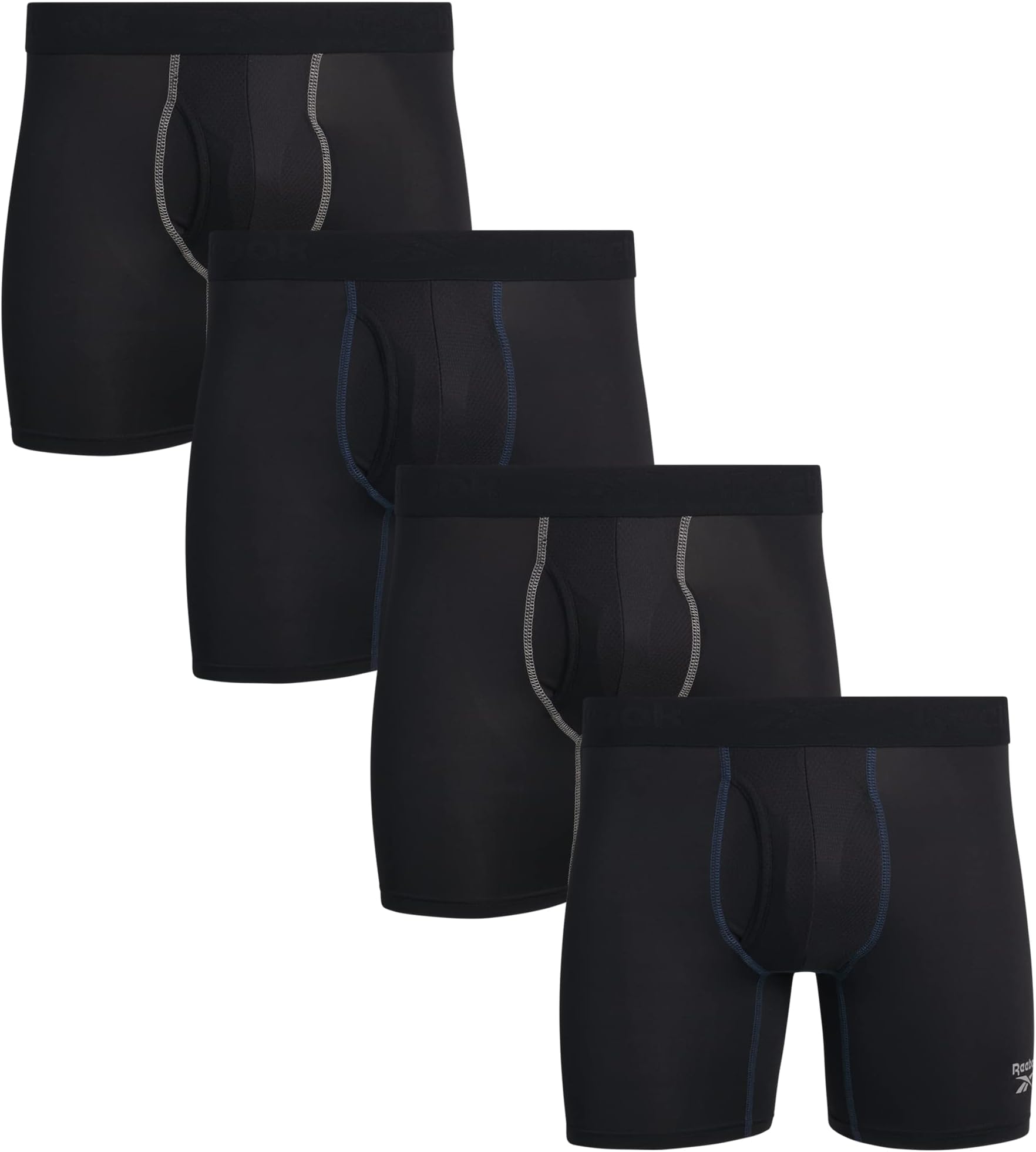 Reebok Mens Boxer Briefs - 4 Pack Stretch Performance Boxers for Men with Functional Fly, 6" Inseam Mens Underwear Boxers, Size Large, Black/Black/Black/Black