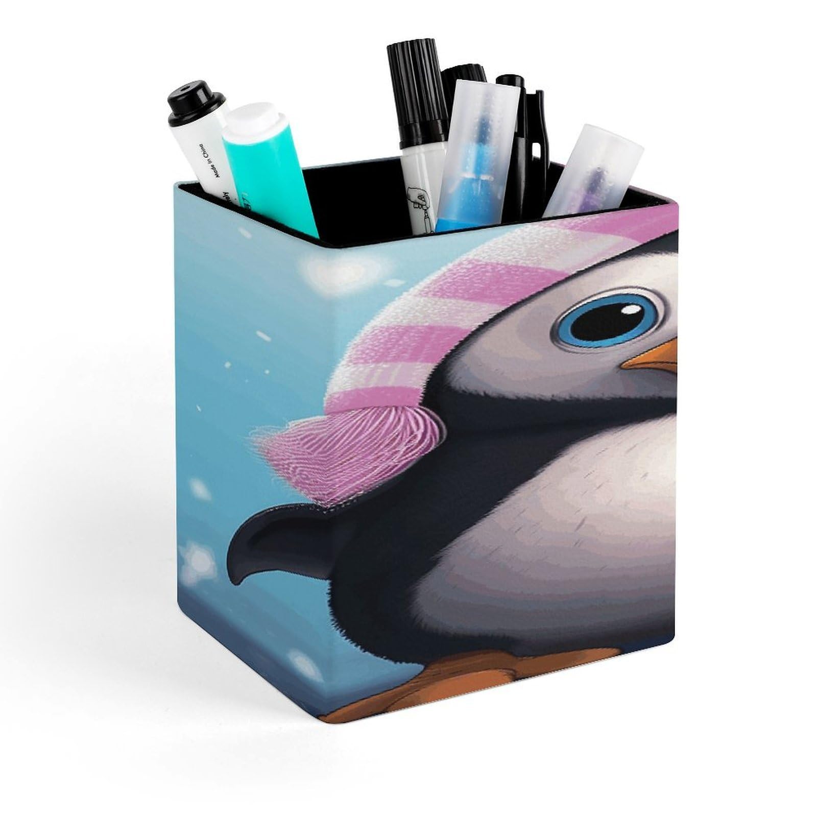 JTREHY Lovely Penguin Pen Holder Square Pen Pencil Holder Makeup Brush Holders Cup PU Leather Pencil Cups Desktop Caddy Stationery Organizer Case Office Accessories Container Box
