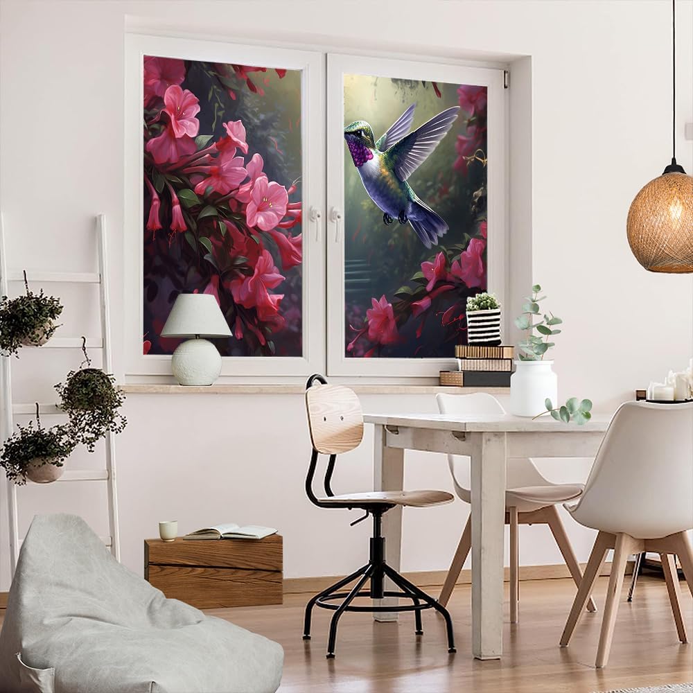 Country Rustic Hummingbird Window Privacy Film Flower Bird Nature Animals Stained Glass Window Coverings No Glue Static Cling Window Film for Home Office Stores 27.6Wx47.2L-inch x2 Pcs