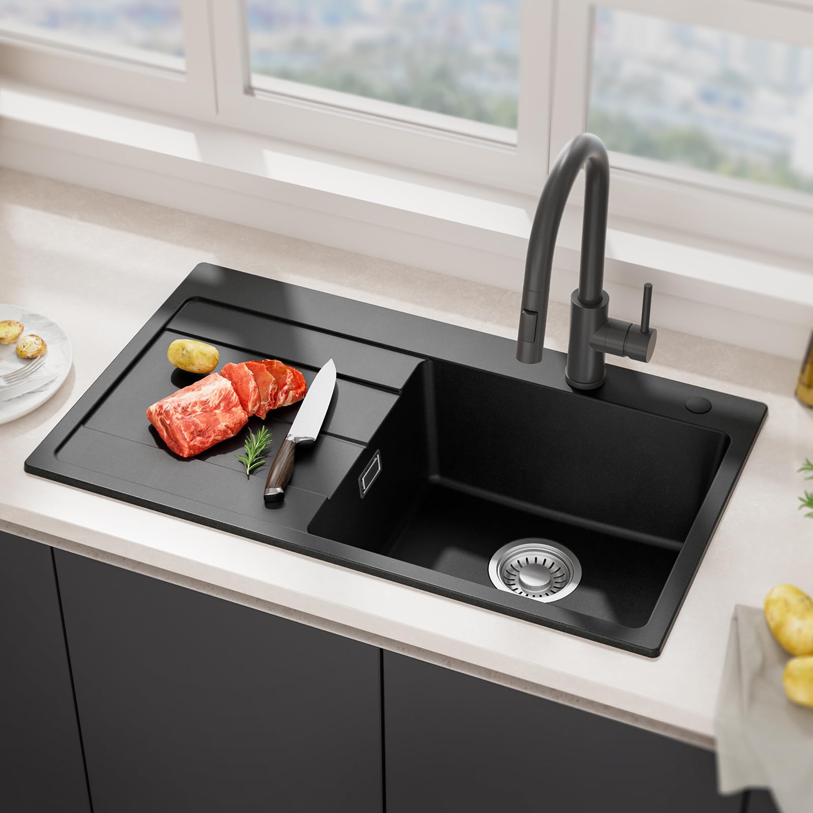 CECIPA Évier de cuisine 78 x 45 cm - Noir - En granit avec égouttoir - Pour armoires inférieures de 45 cm de large - Avec siphon et trop-plein