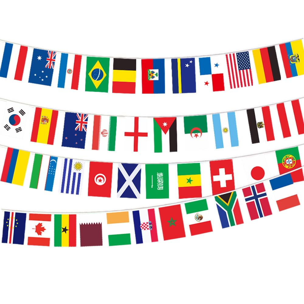 World Cup Bunting Flags 48 Teams Flags, 15M 48pcs Bunting Flags Double Sided Fabric Banner for 2026 World Cup Football Party Decoration