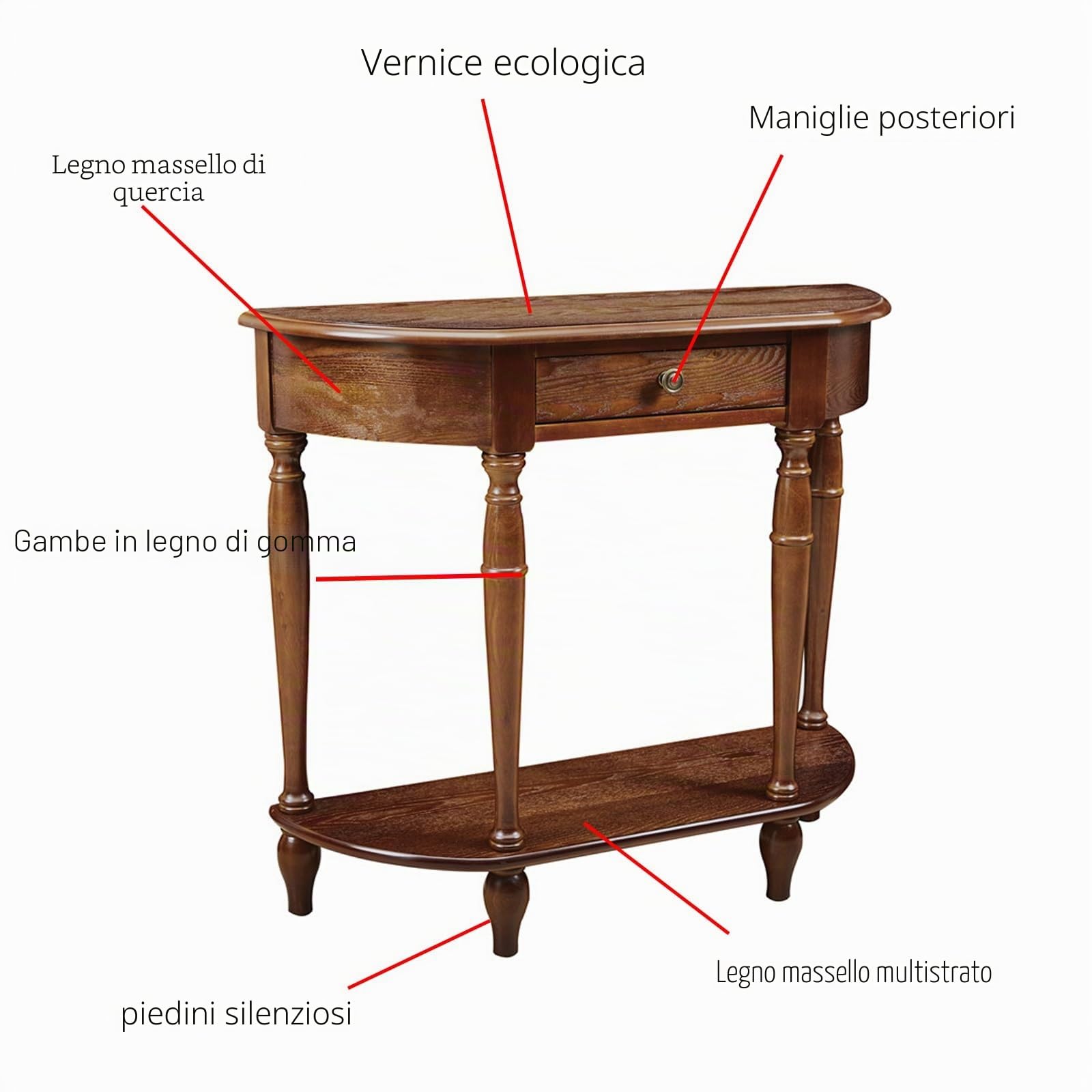 SEIFE Consolle a mezzaluna in legno massello per ingresso, tavolo da ingresso con cassetto portaoggetti, tavolo da divano semicircolare, arredamento per corridoio e ingresso(Walnut,80cm/31.4in)
