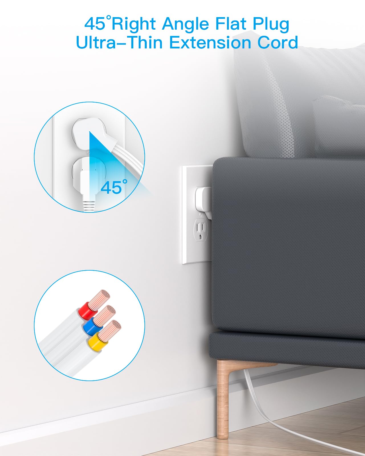Snapklik.com : Extension Cord 15 Ft, HANYCONY Flat Plug Long Cord Power ...
