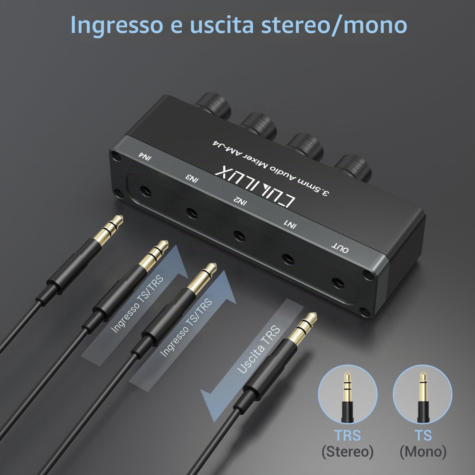 Cubilux Mixer audio a 4 canali con connessioni da 3,5 mm