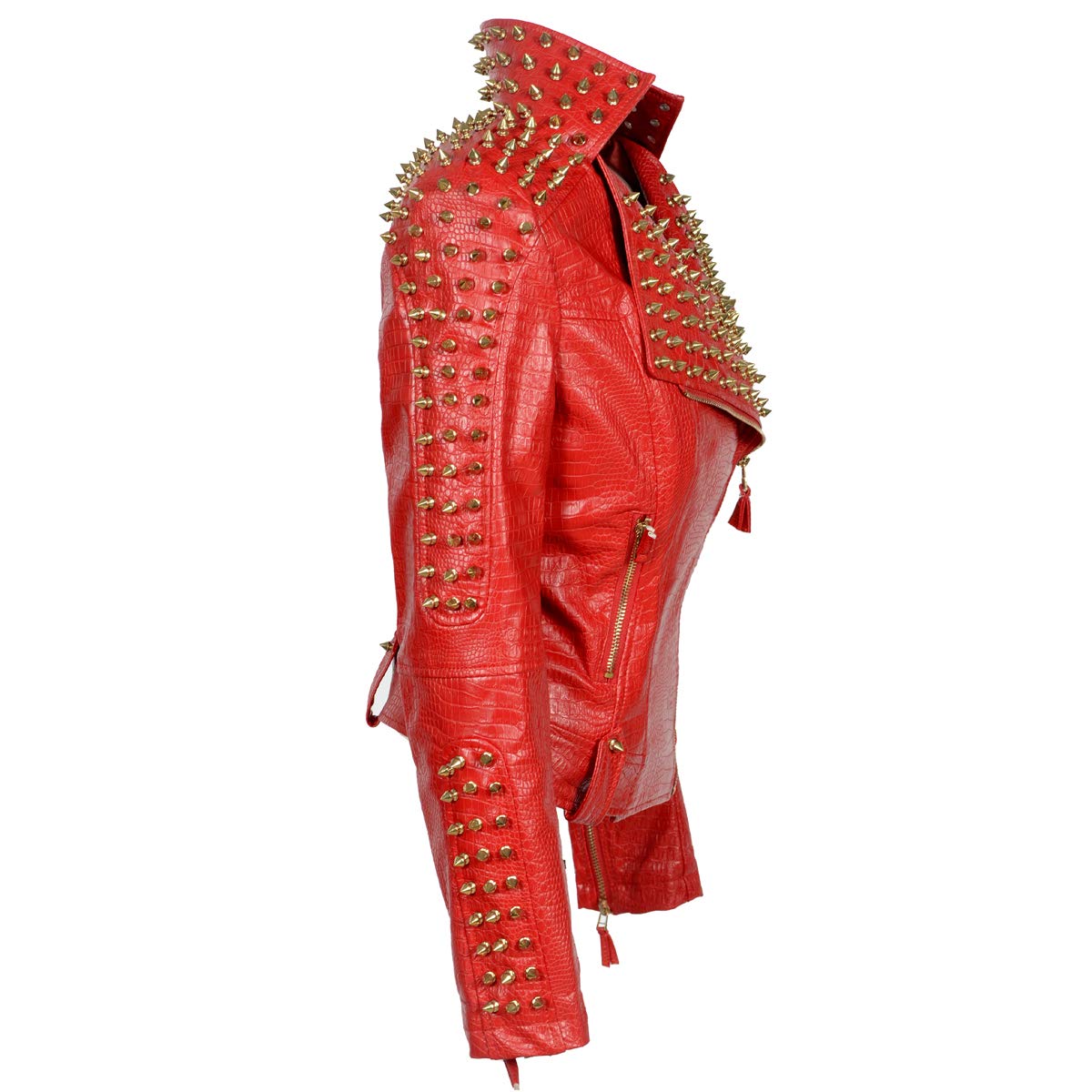 LFSS Women's Personality Punk Rock Rivets Motorcycle Leather Jacket Studded Perfectly Shaping Short Motobiker Coats: 3X-Large Red