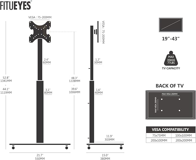 Soporte para TV rodante FITUEYES para pantallas de 19 a 43 pulgadas miniatura 3