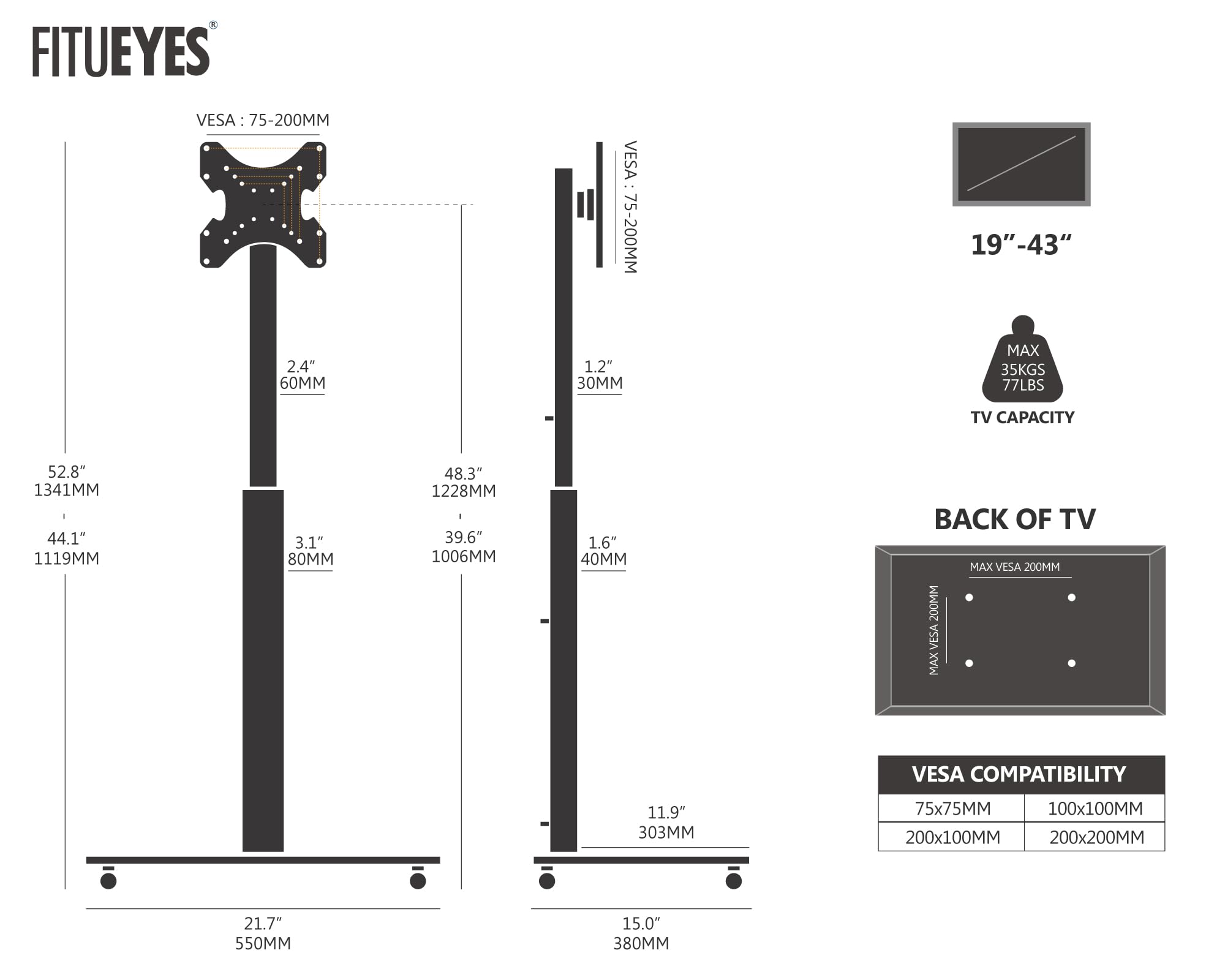 FITUEYES Soporte TV Ruedas para Pantallas de 19 a 42 Pulgadas,16 Ajustes de Altura,Soporte TV Suelo es Giratorio e Inclinable,Máxima VESA 200 * 200mm,Base de Cristal
