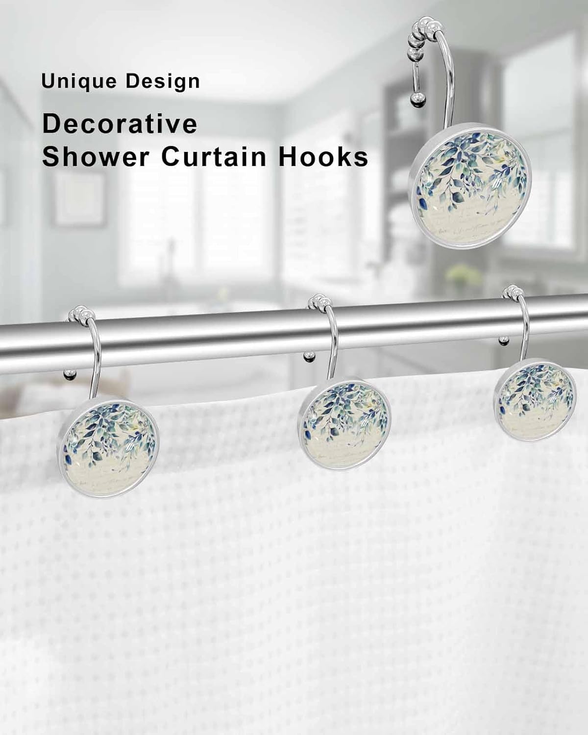 Shower Curtain Hooks 12 Pcs Eucalyptus Leaf Vintage Farmhouse Blue Leaves Stainless Steel Rust Proof Rolling Shower Curtain Rings, Decorative Shower Curtain Hooks Hangers for Bathroom