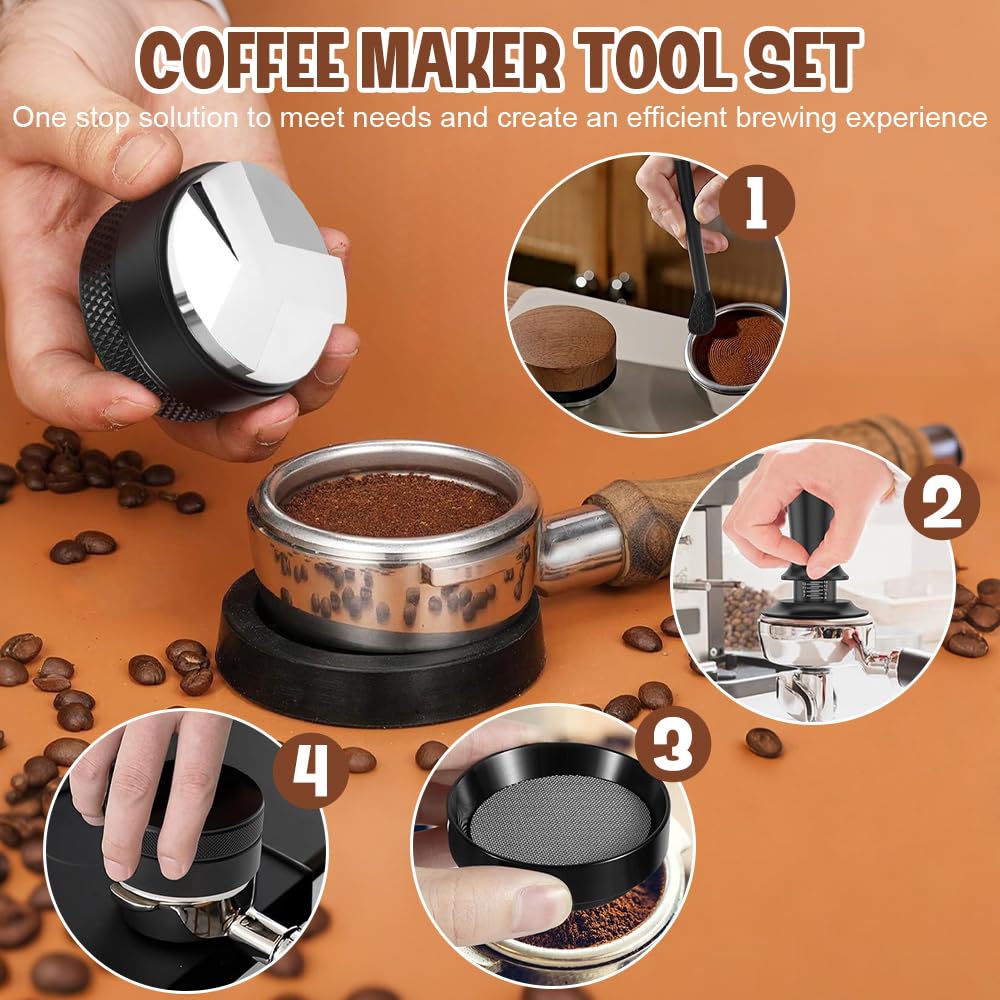 Set Accesorios Cafe 51mm, con Aguja de Espresso, Prensador de Café con Distribuidor, Anillo Dosificador de 51 mm, Agujas para Agitador de Café, Pantalla de Puck, Estación de Tamper, Cepillo de
