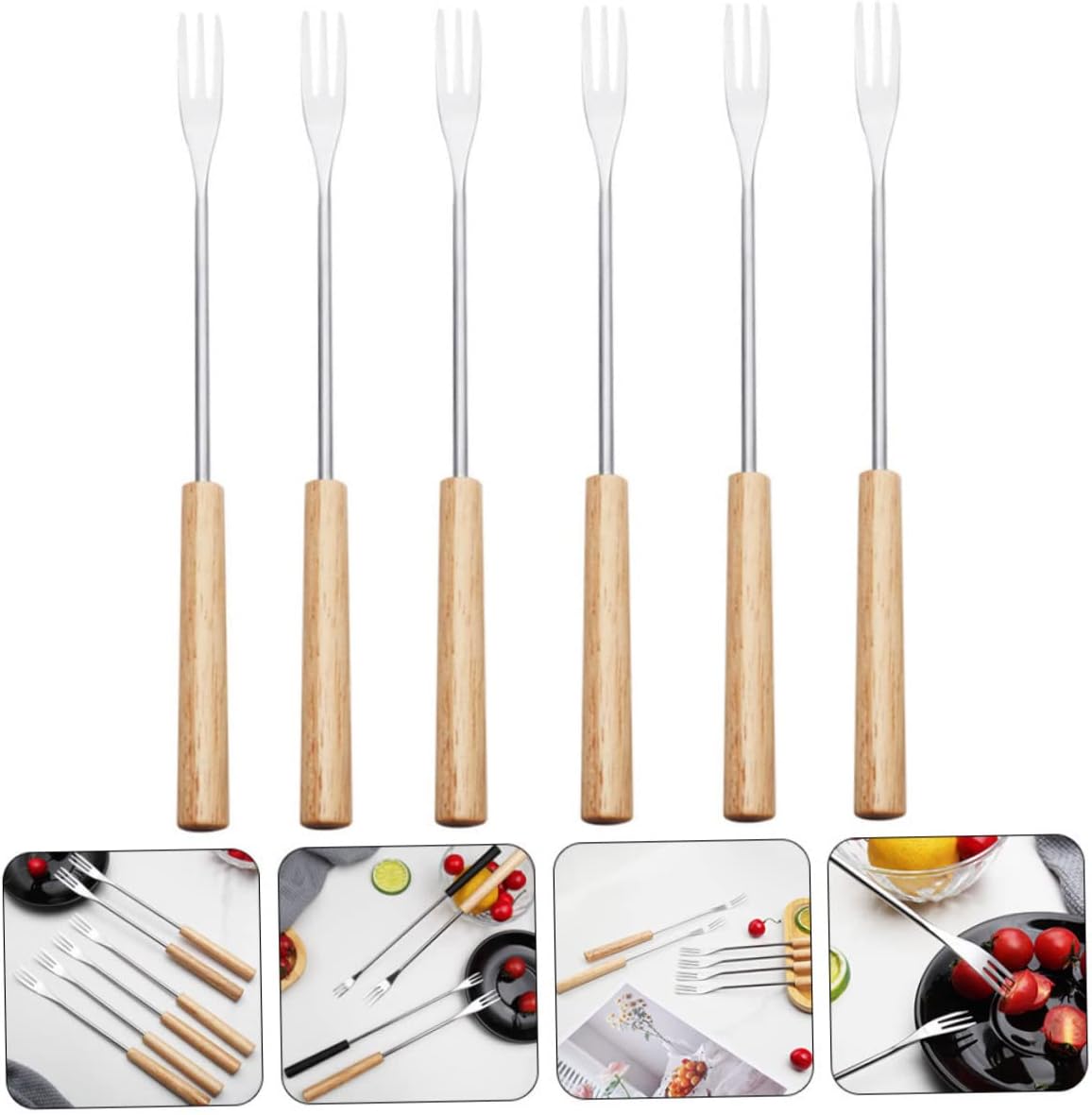 12pcs Stainless Steel Cheese Fondue Forks Wooden Handles Great for Fondue Chocolate Salad and Desserts