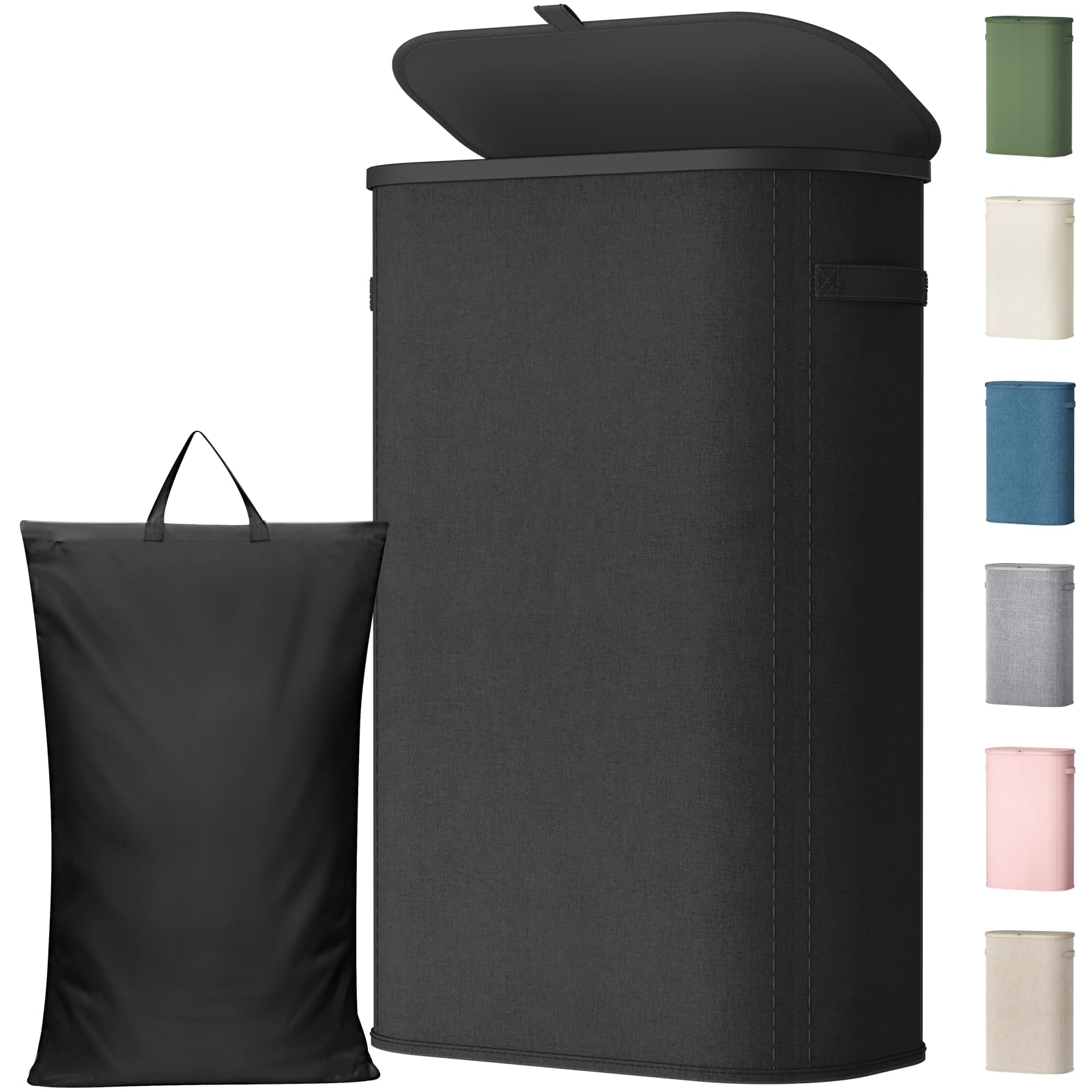 Lifewit 65L Laundry Basket with Lid, Slim Washing Basket with Handles and Bag, Large Foldable Dirty Clothes Organiser with Plastic Frame for Laundry Room, Bedroom, Bathroom, Black