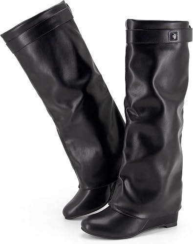 Fold Over Boots Women's Knee high Shark Boots Pointed Toe Wedge Heel Flat Shoes For Fall Winter Dress Shoes
