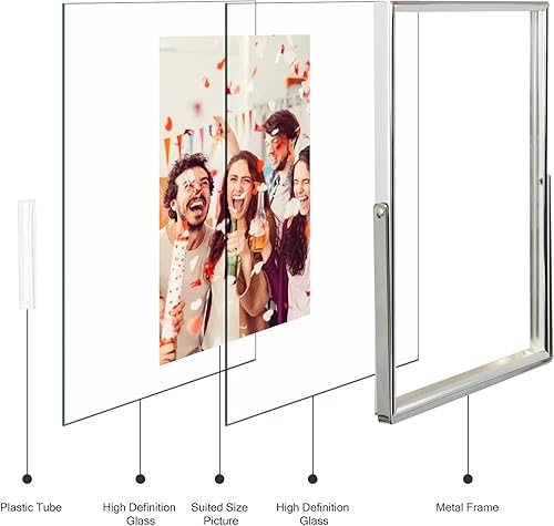 Miniatura 6 de Juego de 2 portarretratos flotantes de 4 x 6 pulgadas, color plateado, marcos de fotos de 6 x 8 pulgadas con doble cristal real, marco de metal,