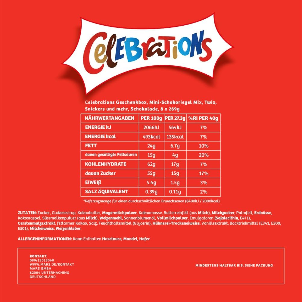 Celebrations Geschenkbox, Mini-Schokoriegel Mix, 16 Packungen, 16 x 186 g | Bunte Mischung beliebter Mini-Schokoriegel mit Maltesers, Galaxy, Snickers und mehr, ideal zum Teilen und als Gastgeschenk