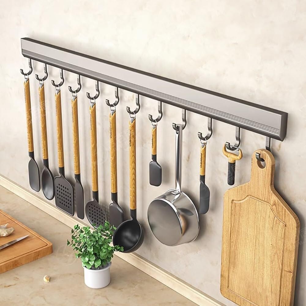 Kitchen utensils holder，Kitchen hooks， 2 Pack Utensil Hangers Aluminum Wall Utensil Holder Kitchen Utensil Hooks No Drilling Wall Mounted Adhesive Wall Hooks Rack for Kitchen Bathroom BedroomWith 8 Ho