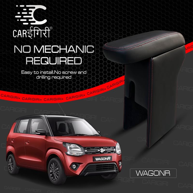 Image of Carigiri Premium Finish Car Armrest for Maruti Suzuki New WagonR with Moulded Foam And Storage Compartment (Nappa Leatherette,Double Stitching)(Models-2019-2024) (Red Seam)