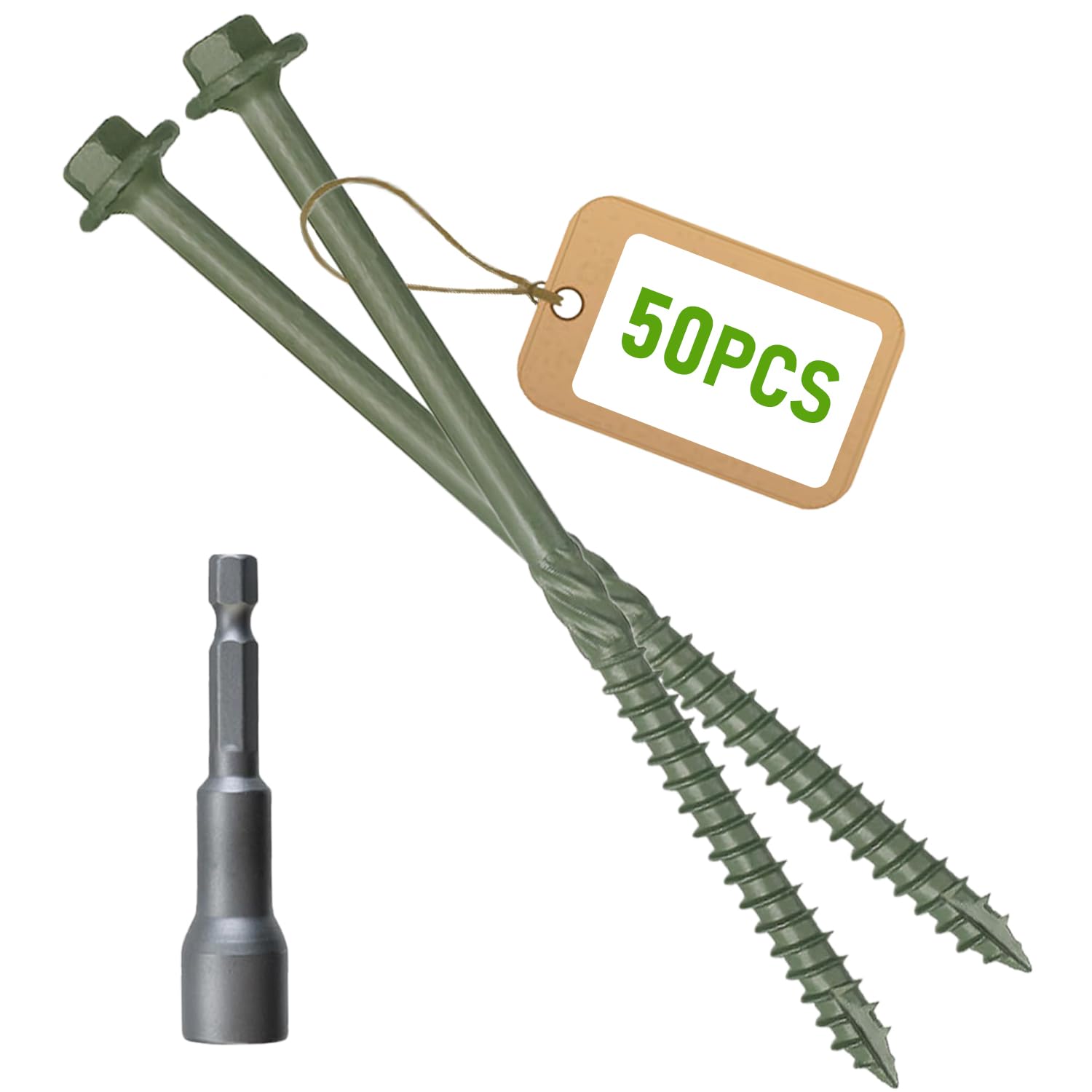 [Pack of 50] #14 x 8 Wood Structural Screws, Green Coated Heavy Duty Hex Head Timber/Log/Landscaping Wood Screws, Rust Resistant, Hex Socket Included