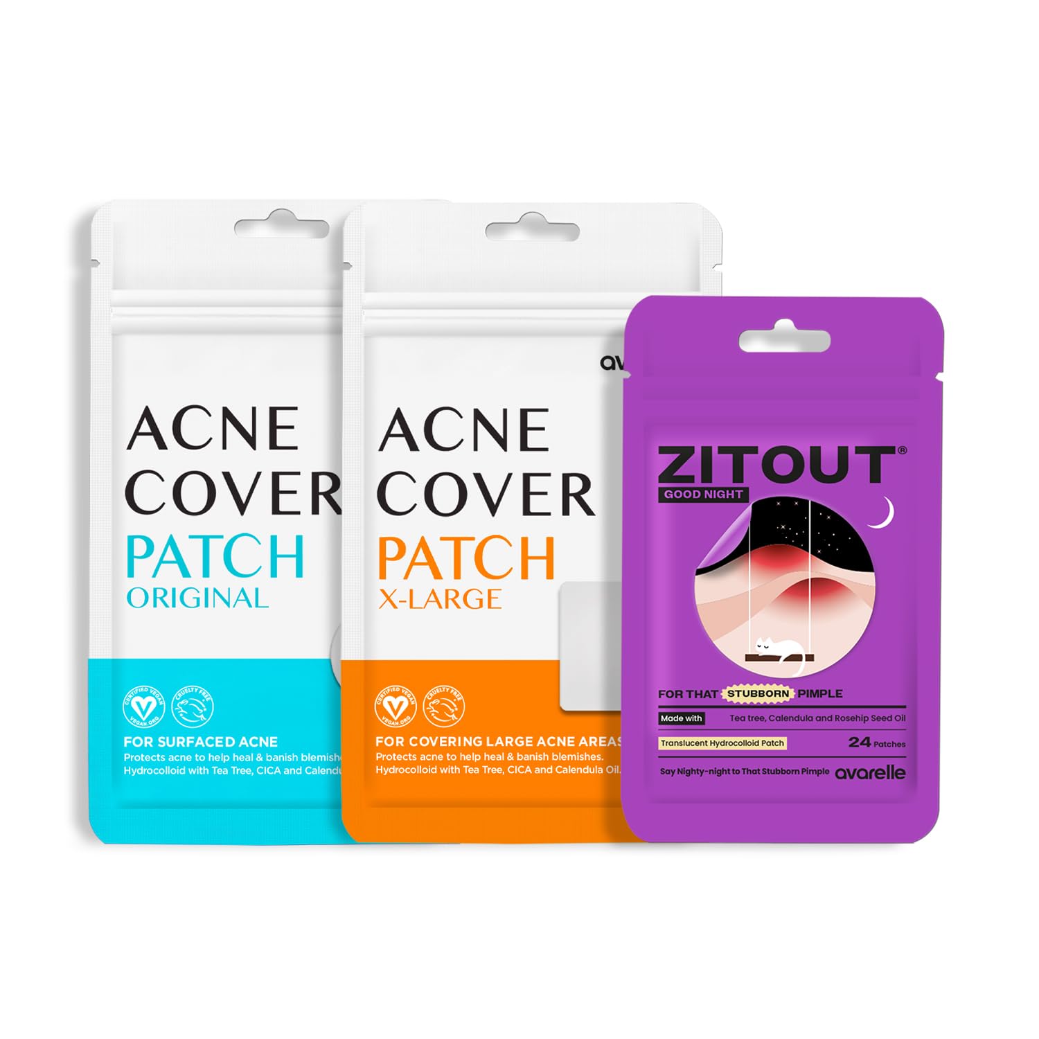 AVARELLE Complete Acne Care Trio Pimple Patches | Hydrocolloid Acne Patches for Blemishes and Zit for Face, Vegan, Cruelty Free