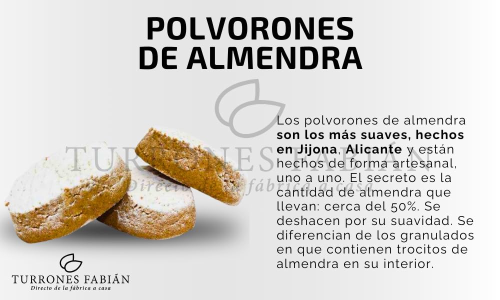 Polvorones de almendra artesanos, elaborados en Jijona con la receta tradicional (Mediano 1, 2000, gramo)