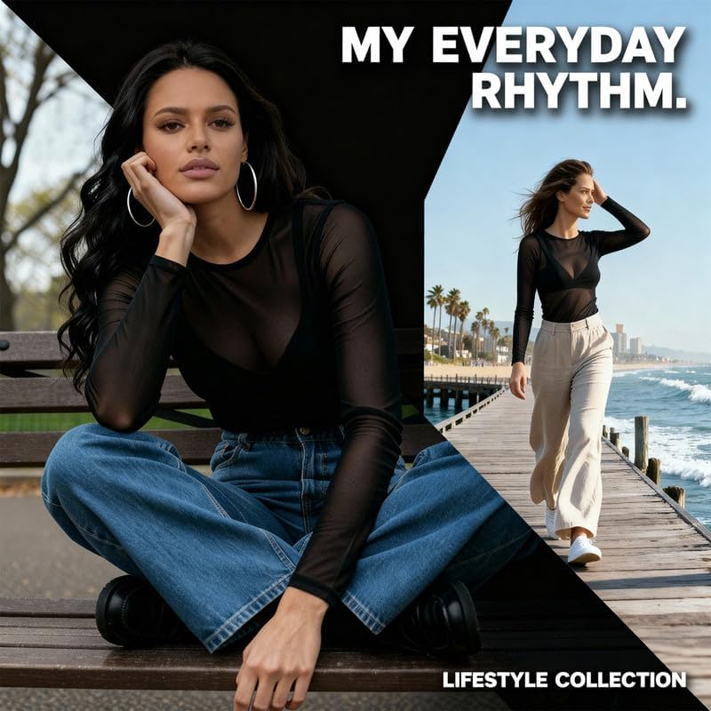 Basics Black Mesh Top Women Crew Neck Sheer Long Sleeve Top Sexy Outfit For Women Going Out Streetwear See Through Tops - Image 5