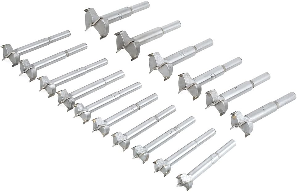 Forstner Drill Bit, 15-35mm 16PCS Cemented Carbide Woodworking Hole Saw High Speed Steel Drill Bit Set for Hand Drill/Bench Drill/Solid Wood, Cork, Splint, Plywood, Particle Board