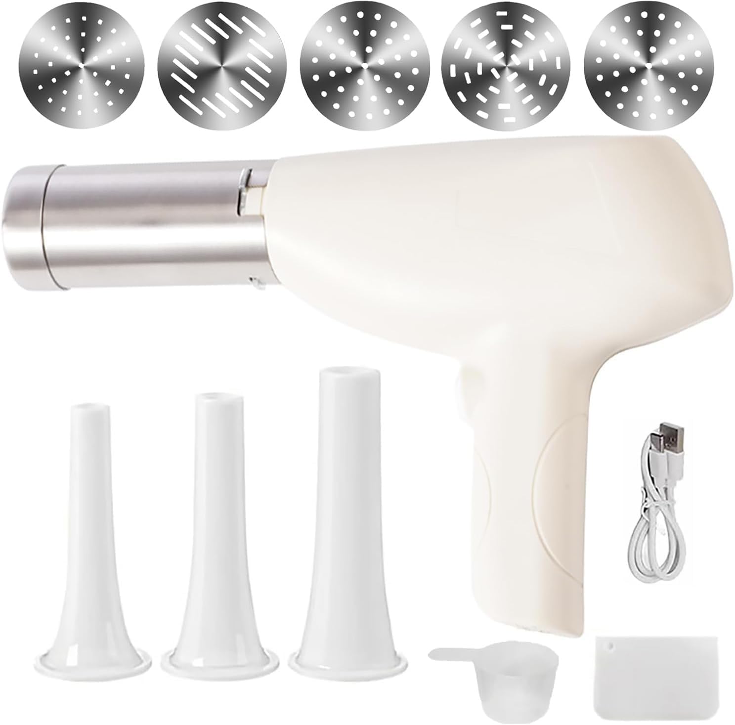 Electric pasta maker, 5-in-1 pasta maker, pasta press, portable stainless steel pasta maker with pasta mold and stuffing tube. Homemade pasta, a kitchen essential