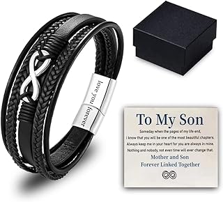 to My Son - Mother and Son Forever Linked Bracelet, Mens Braided Leather Bracelet Inspirational Bracelets Adjustable Wristband Bracelet Jewelry Gift for Son (Sliver)