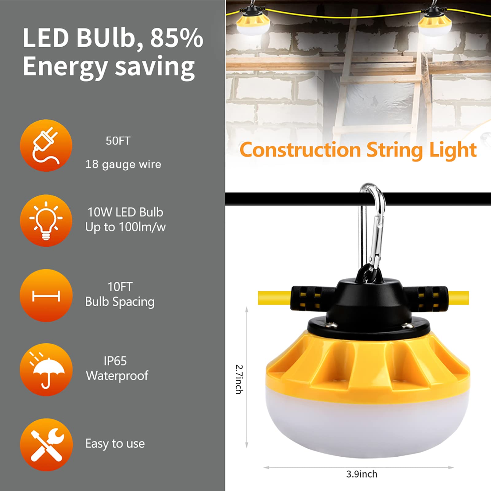 【Grado industriale】 Stringa di luci a LED da lavoro con gancio da arrampicata, luci di sicurezza alimentate da 50 W per giardino, cortile, garage, cantieri, ristrutturazione, passerelle