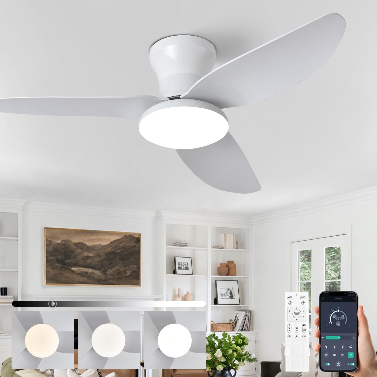 SXDMOUBK Ceiling Fan Chandelier with Remote 3 Blade LED Light Silent Reversible DC Motor Dimmable Modern Ceiling Light for Bedroom Living Room Office White 100CM
