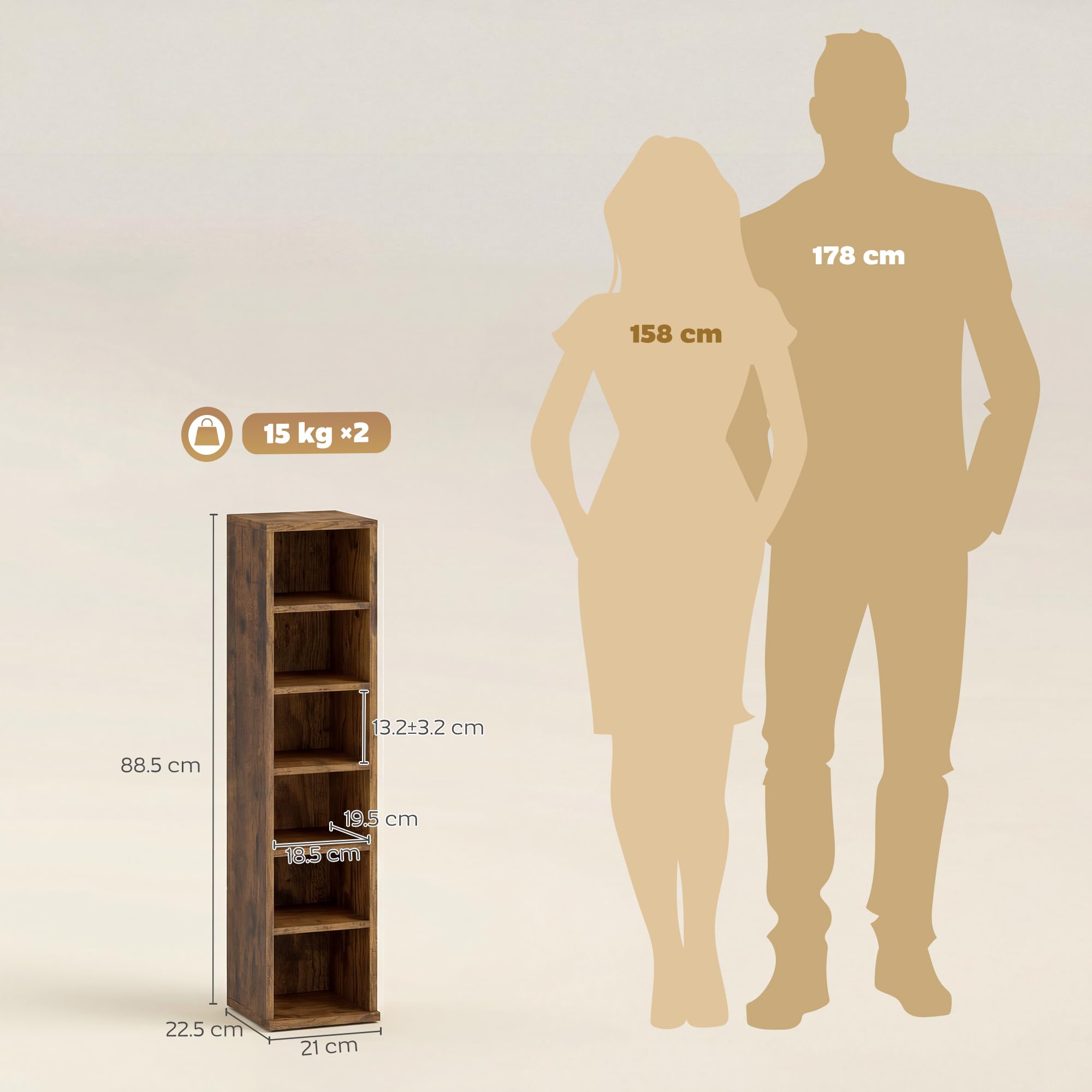 HOMCOM Scaffale Porta CD 2 Pezzi a 6 Ripiani, Scaffale Libreria in Legno per 204 CD ad Altezza Regolabile, 21x22.5x88.5 cm, Marrone Rustico