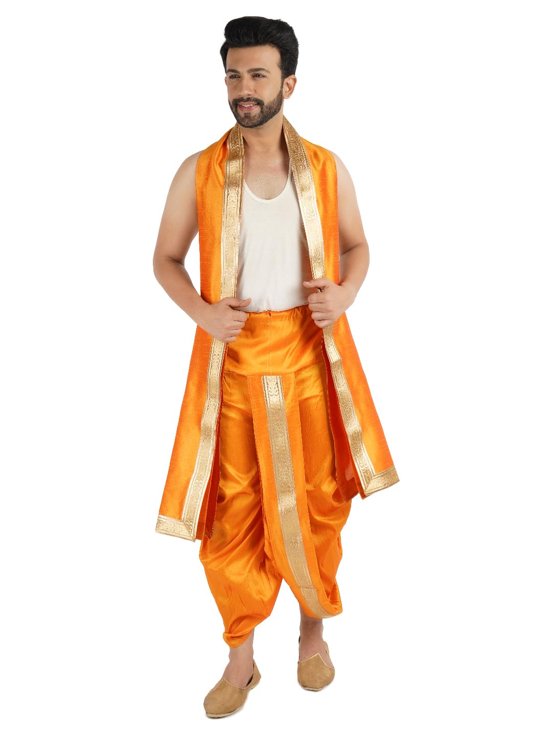 PRIYAKANT SAFAWALA Ready to Wear Dupion Silk Dhoti With Dupatta For Men Wedding, Pooja And Traditional Function Use It [Waist - Free Size And Height 38 Inches]
