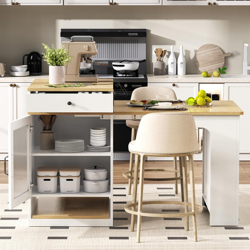 mobile Isola da cucina 71(151) x80x92 cm,tavolo da pranzo estensibile con piano rimovibile,tavolo da bar con presa multipla, isola cucina su ruote per sala da pranzo(A-Bianco+Naturale)