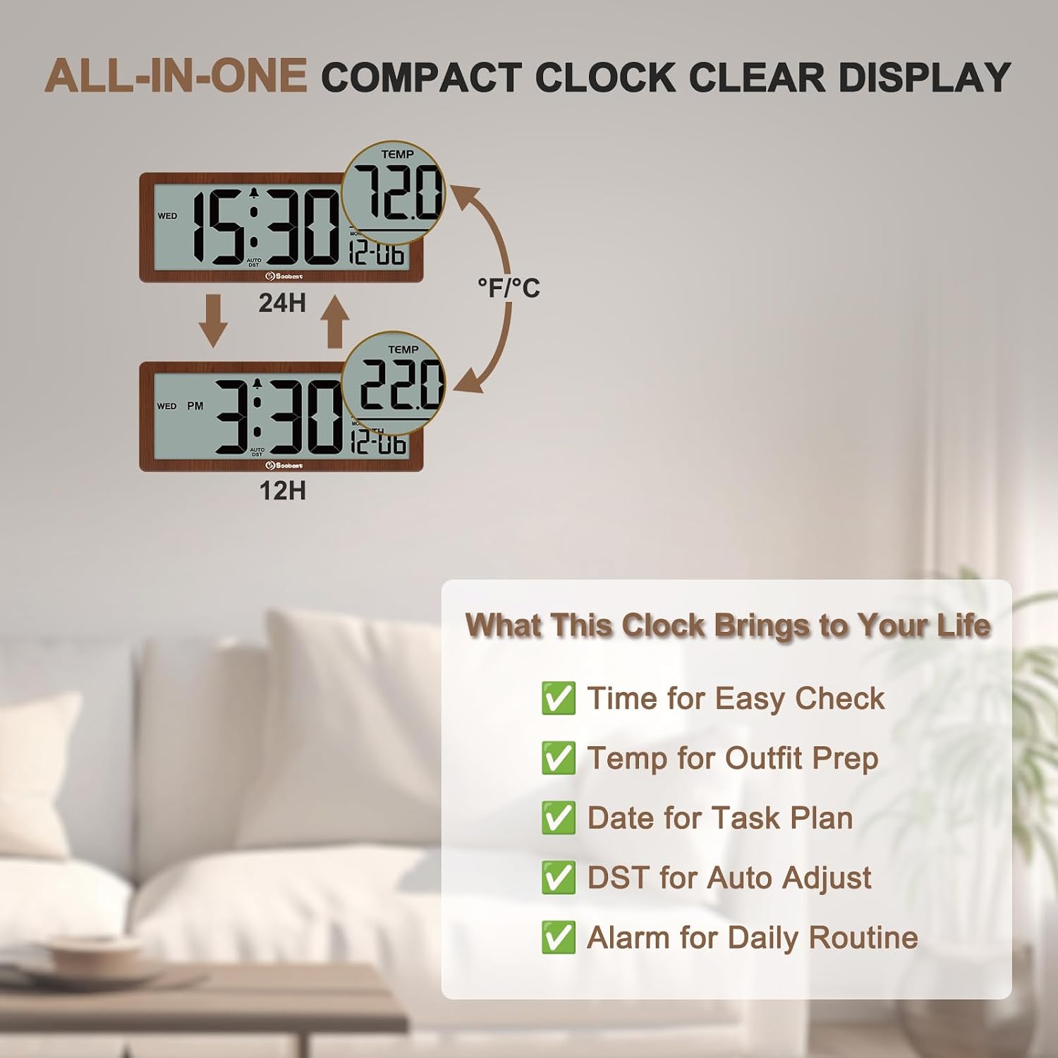 Soobest 8.5 Inch Digital Wall Clock Battery Operated, Compact Display image 5