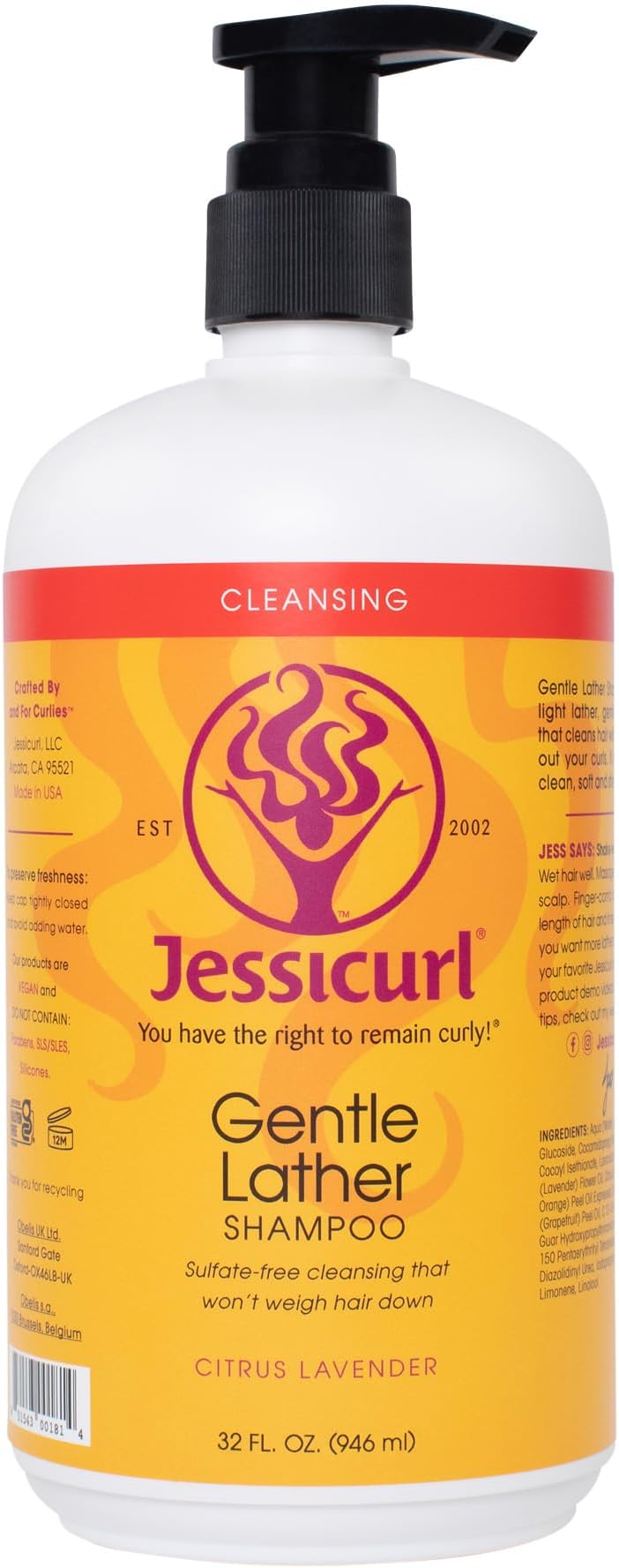 Jessicurl, Gentle Lather Shampoo, Citrus Lavender, 32 Fl oz. Cleansing Curly Hair Shampoo, Vegan, Sulfate Free Shampoo