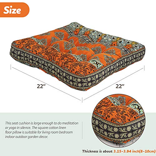 Higogogo Square Bohemian Floor Cushion, Cotton Linen Boho Design Seat Cushion For Adults Kids, Thick Meditation Pillow For Yoga Living Room Sofa Balcony Outdoor, Orange, 22X22 Inch, 1 Pack #TOP5
