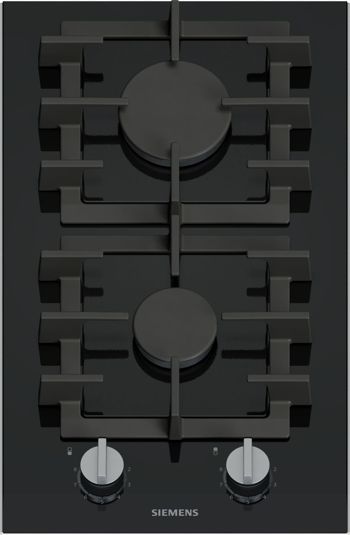 Siemens ER3A6BI40 iQ700 Domino-Kochfeld, Gas, 30 cm, 2 Heizelemente, präzise Flammensteuerung, abnehmbare Metallknebel, Glaskeramik-Oberfläche, spülmaschinengeeignete Topfträger, Schwarz