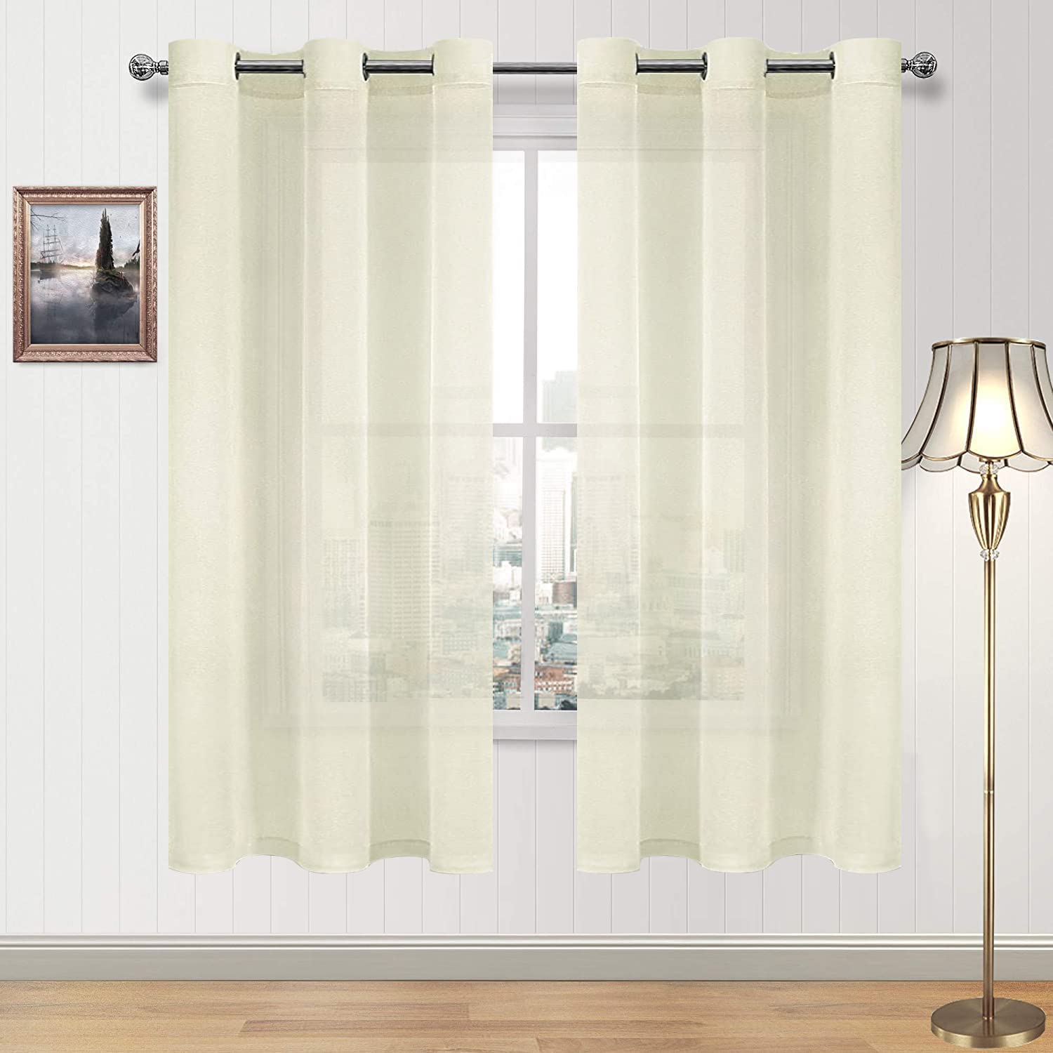 DWCN Ivory Sheer Curtains Linen Look Semi Transparent Voile Grommet Curtains for Living Dining Room Drapes 46 x 63 Inch Long, Set of 2 Panels