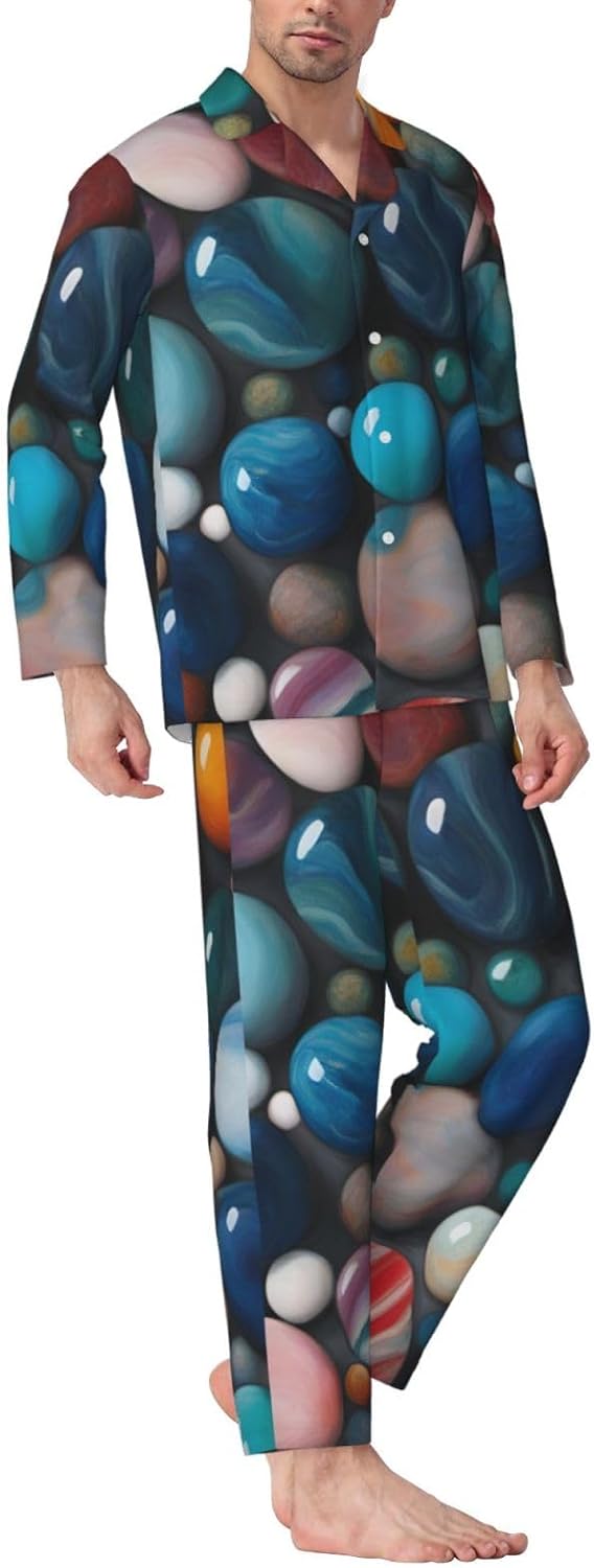 Colored Marble Print Luxurious Mens Pajamas Set,Soft Breathable Pajamas, Perfect For Winter Christmas