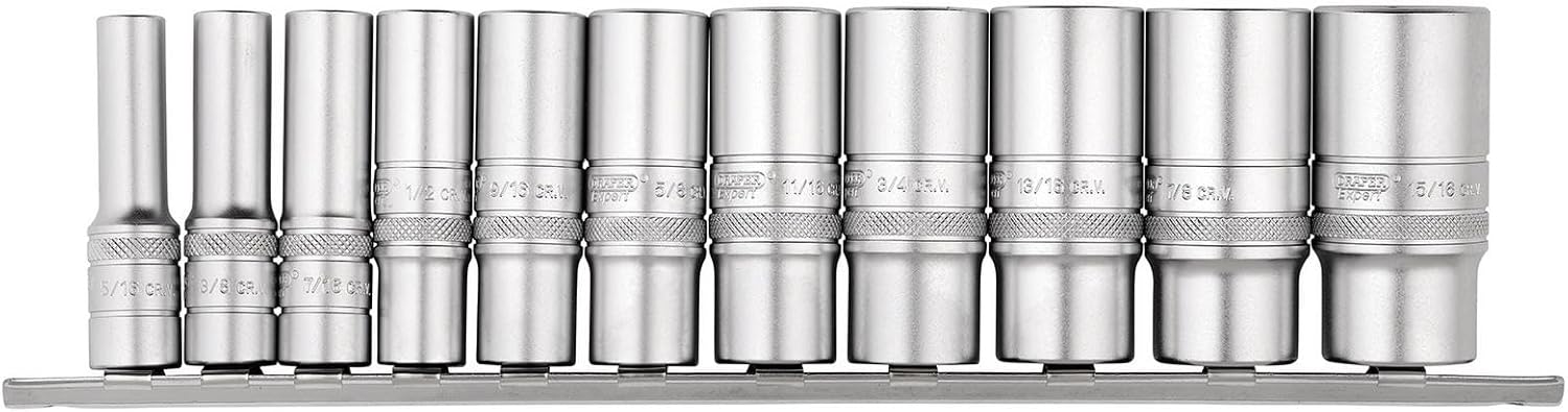 Draper 16495 3/8-Inch Square Drive Imperial Deep Socket 11 Piece Set On Metal Rail, Blue