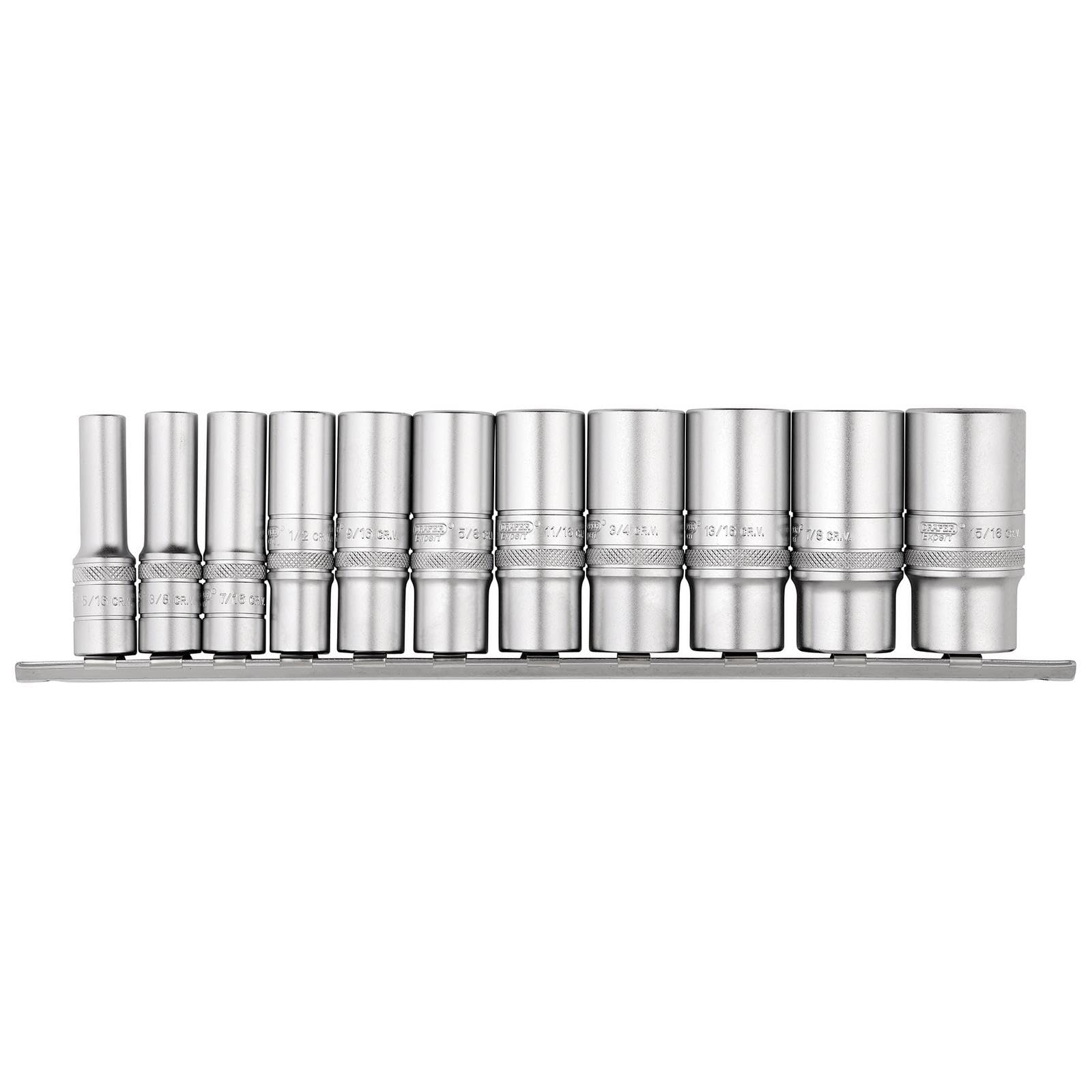 Draper 16495 3/8-calowy napęd kwadratowy Imperial Deep Socket 11-częściowy zestaw na metalowej szynie, niebieski