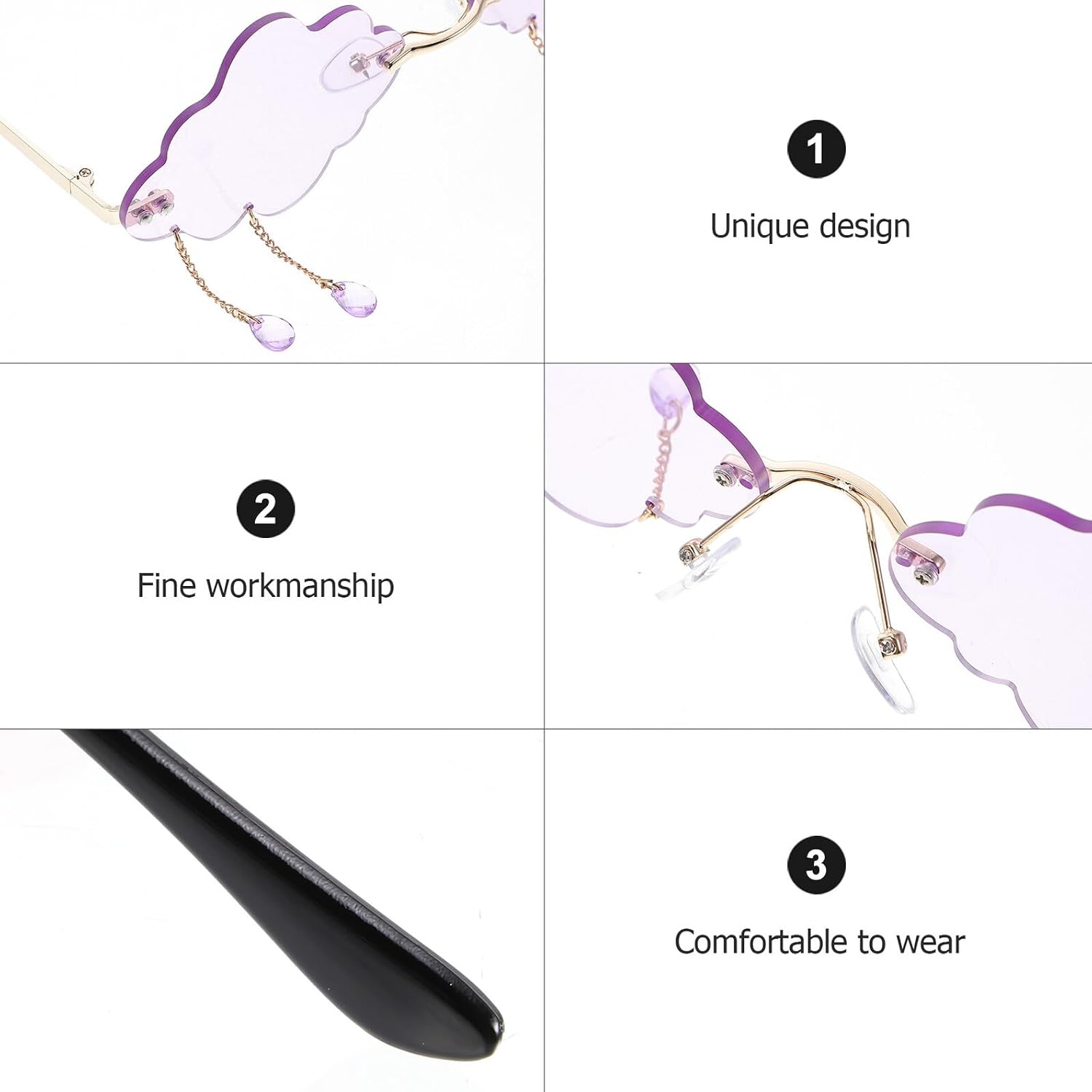 Cloud Shaped Rimless Sunglasses Women Fun Party Eyewear Stylish Purple Lens Gold Frame Novelty Disco Glasses