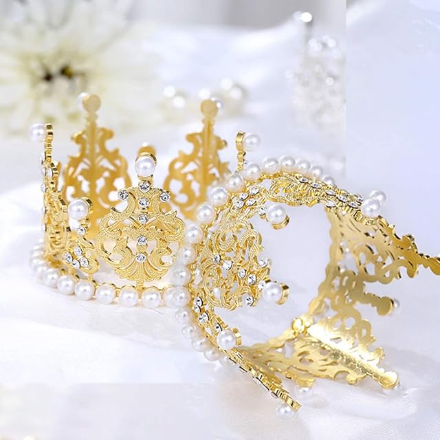 SACALA 2 PCS Small Gold Crown Decoration, Rhinestone Cake Topper for Wedding, Vintage King/Princess Pearl Crown for Birthday Party Decoration Accessory
