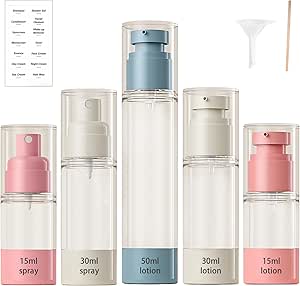 MHWL 5 Pcs TSA-Approved Travel Bottles Set - Airless Pump and Spray Bottles for Toiletries - 15/30/50ml Refillable Containers (Nordic color scheme)