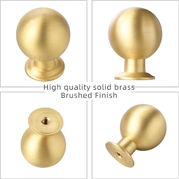 SALISENG- 5 Pack Solid Brass Kitchen Cabinet Knobs, Brushed Matt Gold Pulls for Dresser Drawer Cupboard Closet 1.1 Inch Diameter,Furniture Handles for Bathroom Bedroom Cabinet