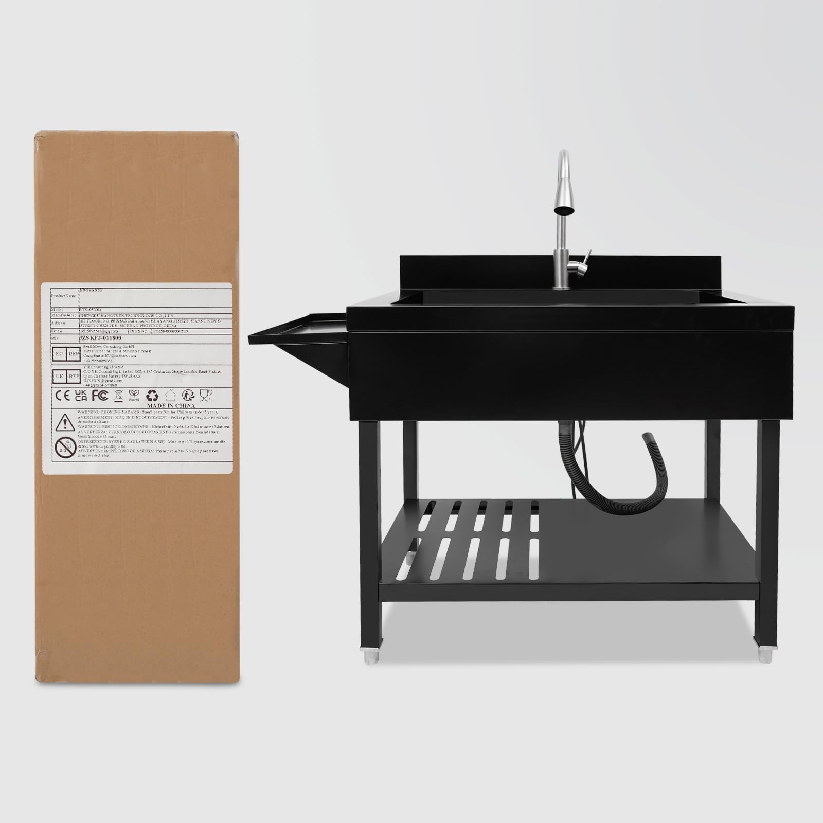 Freistehende Edelstahl Spültisch, Großer Gewerbliche Spülbecken | Küchenspüle mit Wasserhahn & Ablassvorrichtung, bis Tragfähigkeit 150kg, 90 x 57 x 94 cm (Schwarz)